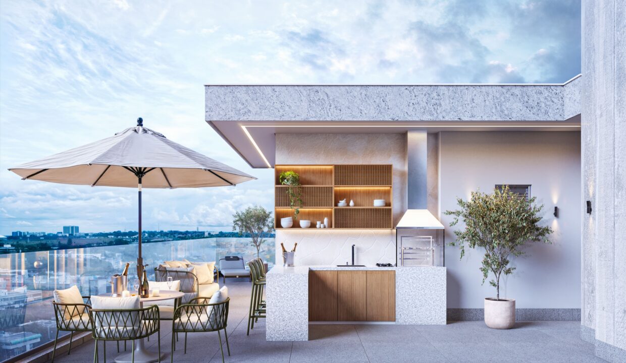 UNIDADE DE MEIO PAVIMENTO TIPO PERSPECTIVA CHURRASQUEIRA TERRAÇO